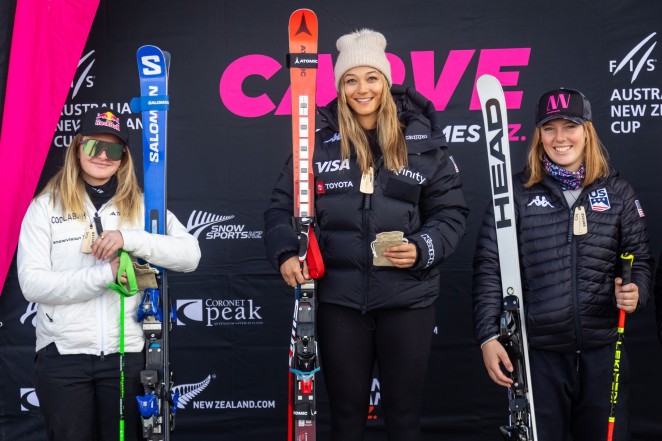 Womens Podium. L R Alice Robinson 2nd Ava Sunshine 1st A J Hurt 3rd. Credit Neil Kerr  Winter Games NZ 